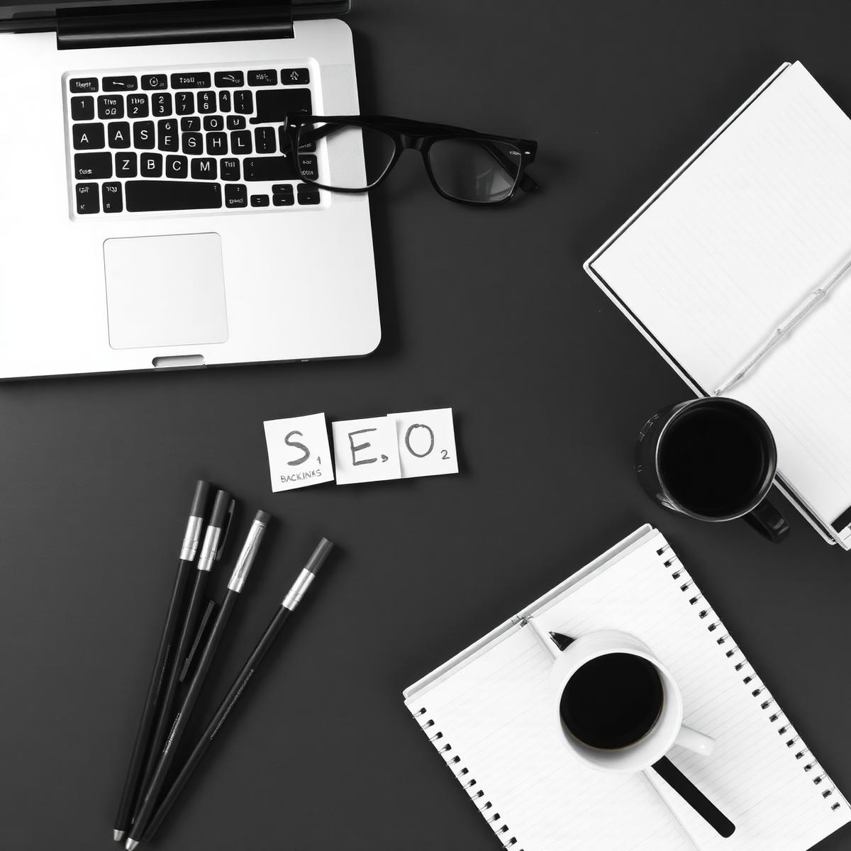 Social media manager desk with laptop, glasses, pens and sticky notes reading SEO and BACKLINKS
